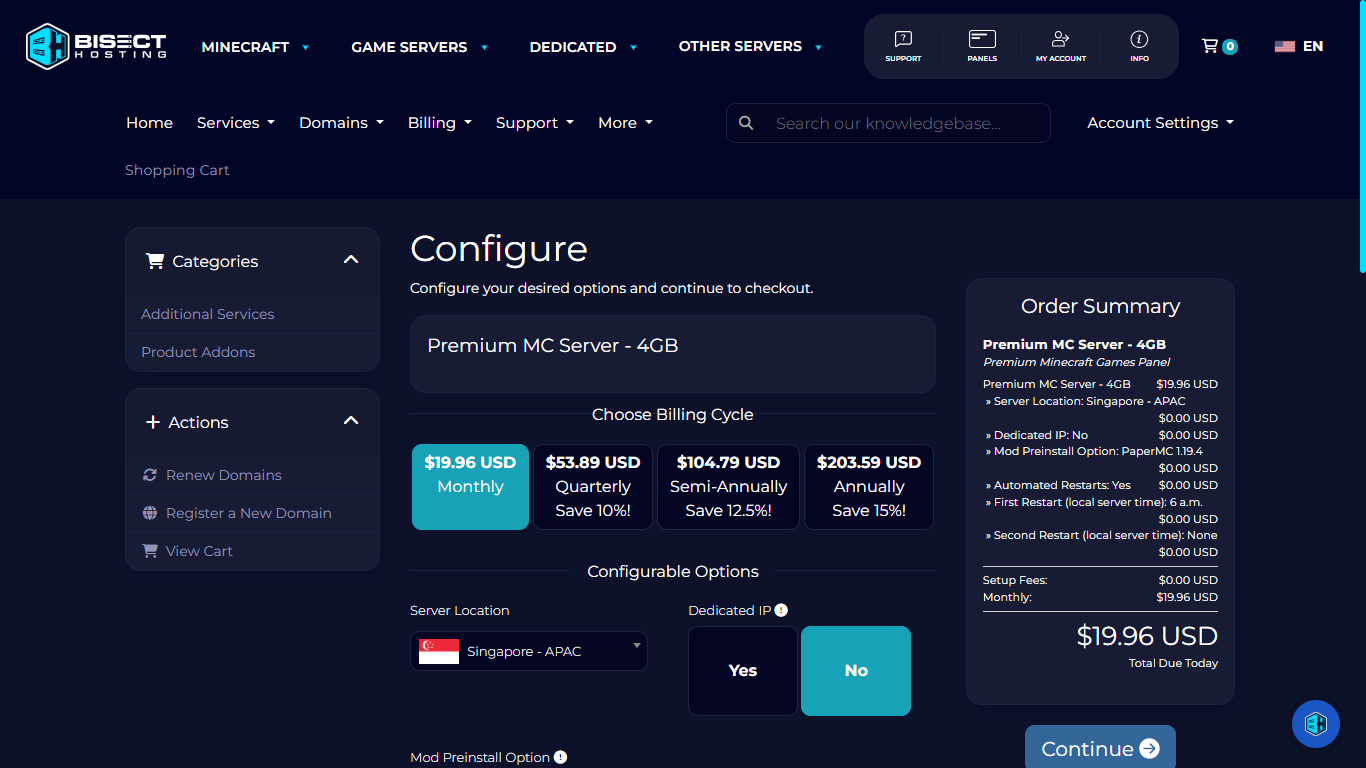 BisectHosting, configure you desired options