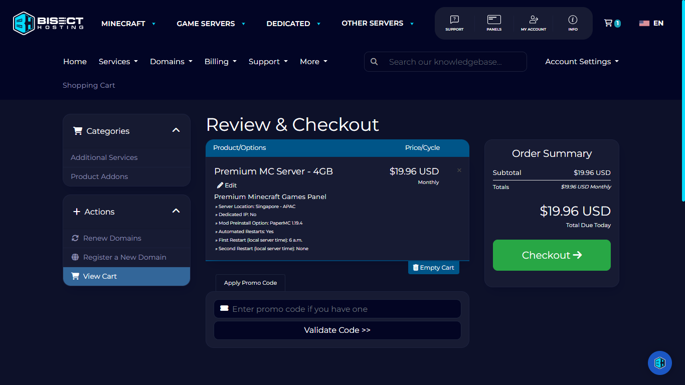 BisectHosting, checkout page