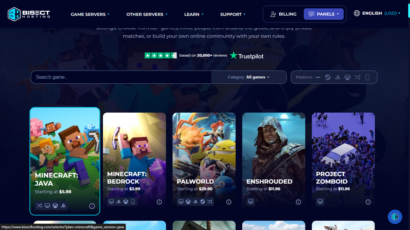 BisectHosting, game server selection screen