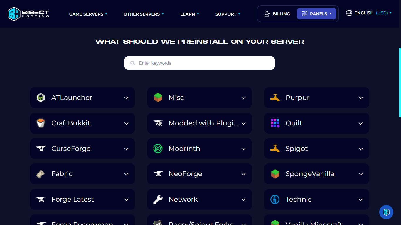 BisectHosting, choose minecraft version