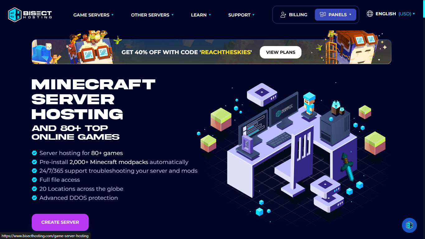 BisectHosting, homepage.